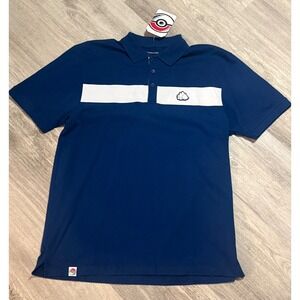 Pokemon Center Mens Large Navy Blue Polo Shirt White Stripe Graphic Logo